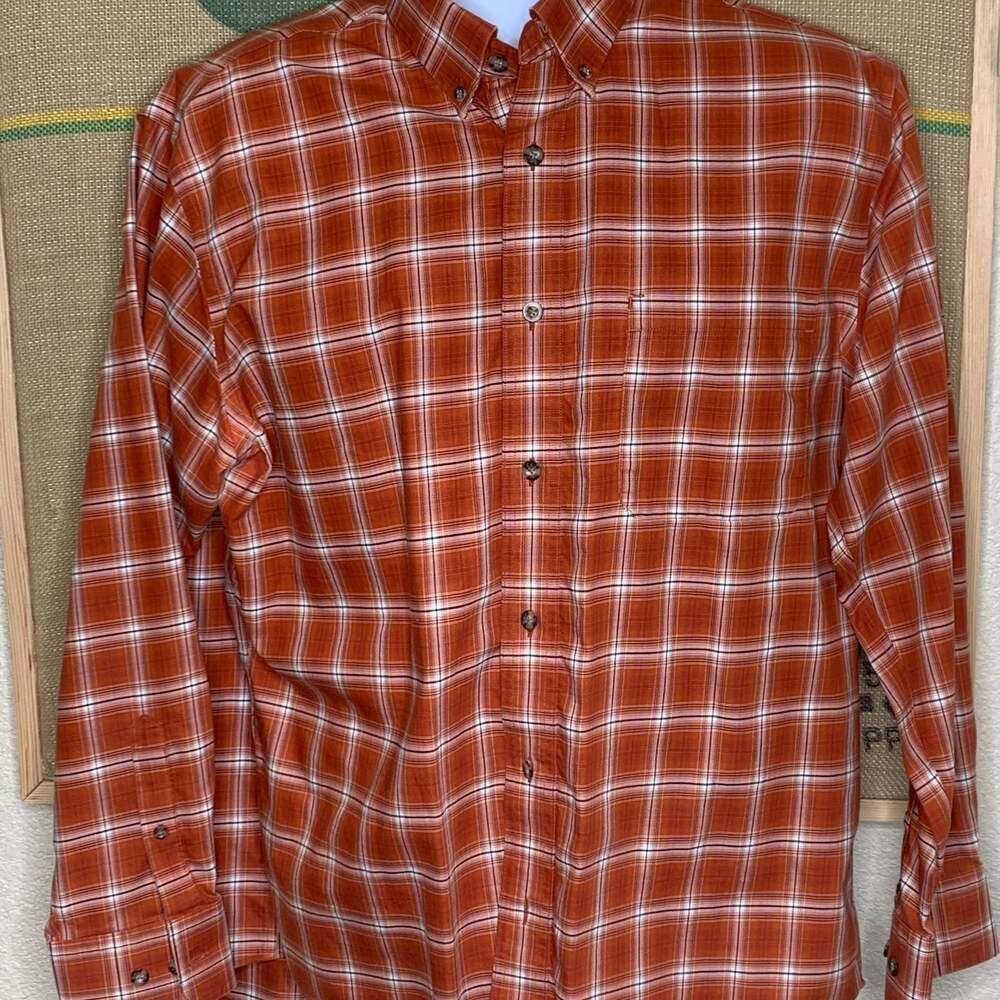 Cabela's Men's Rust Orange Plaid Button Up Long Sleeve Pocket Shirt Large Tall